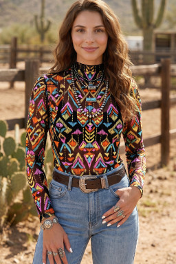 Color black Abstract Print Long Sleeve Stand Neck Mesh Top