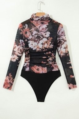Brown Floral Mesh Long Sleeve High Neck Bodysuit