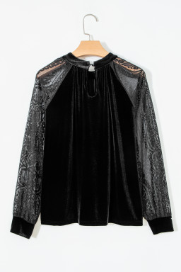 Color Black Solid Color Sheer Lace Long Sleeve Patchwork Stand Neck Velvet Blouse