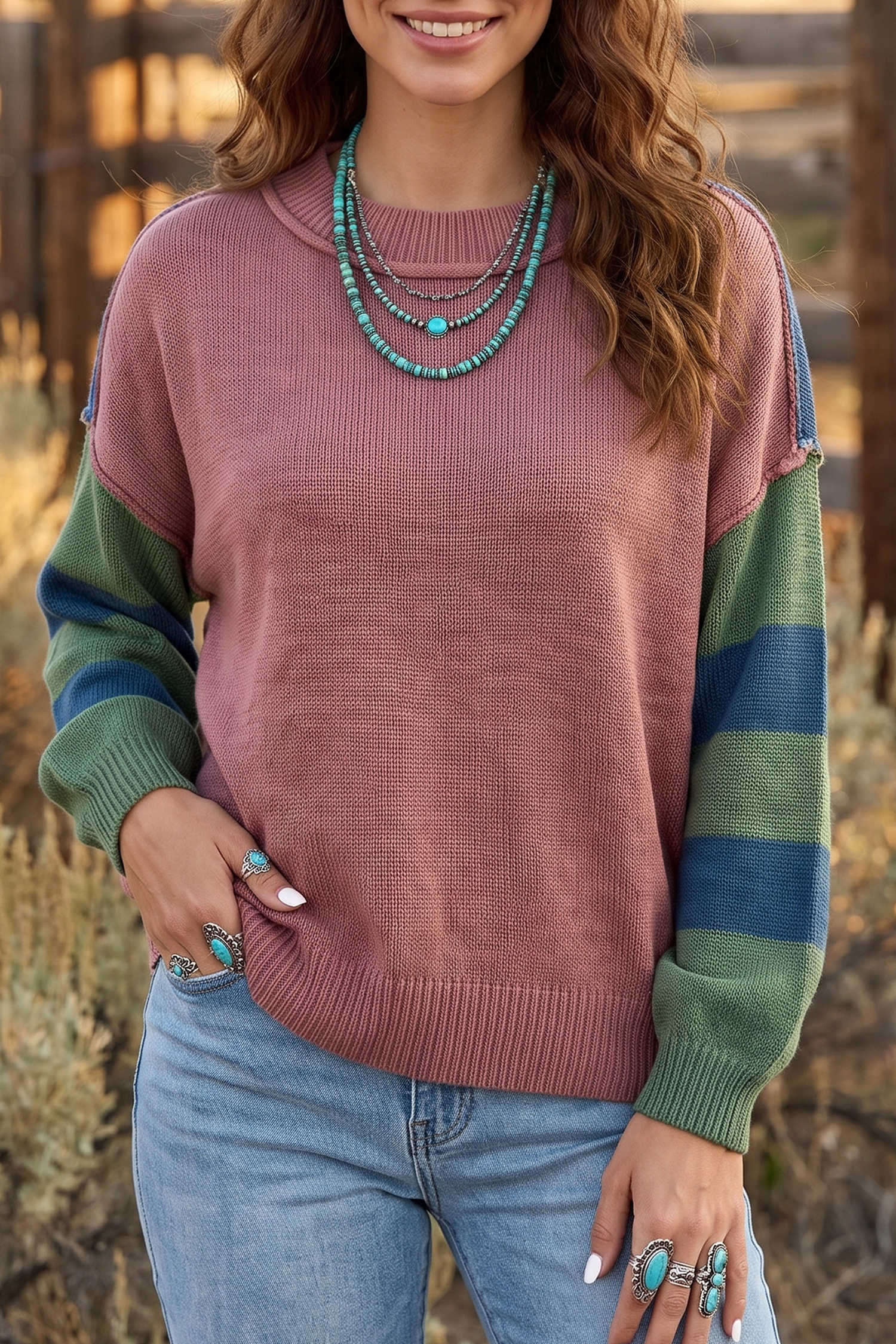 Multicolour Western Colorblock Patchwork Striped Long Sleeve Pullover Sweater