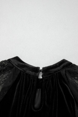 Color Black Solid Color Sheer Lace Long Sleeve Patchwork Stand Neck Velvet Blouse
