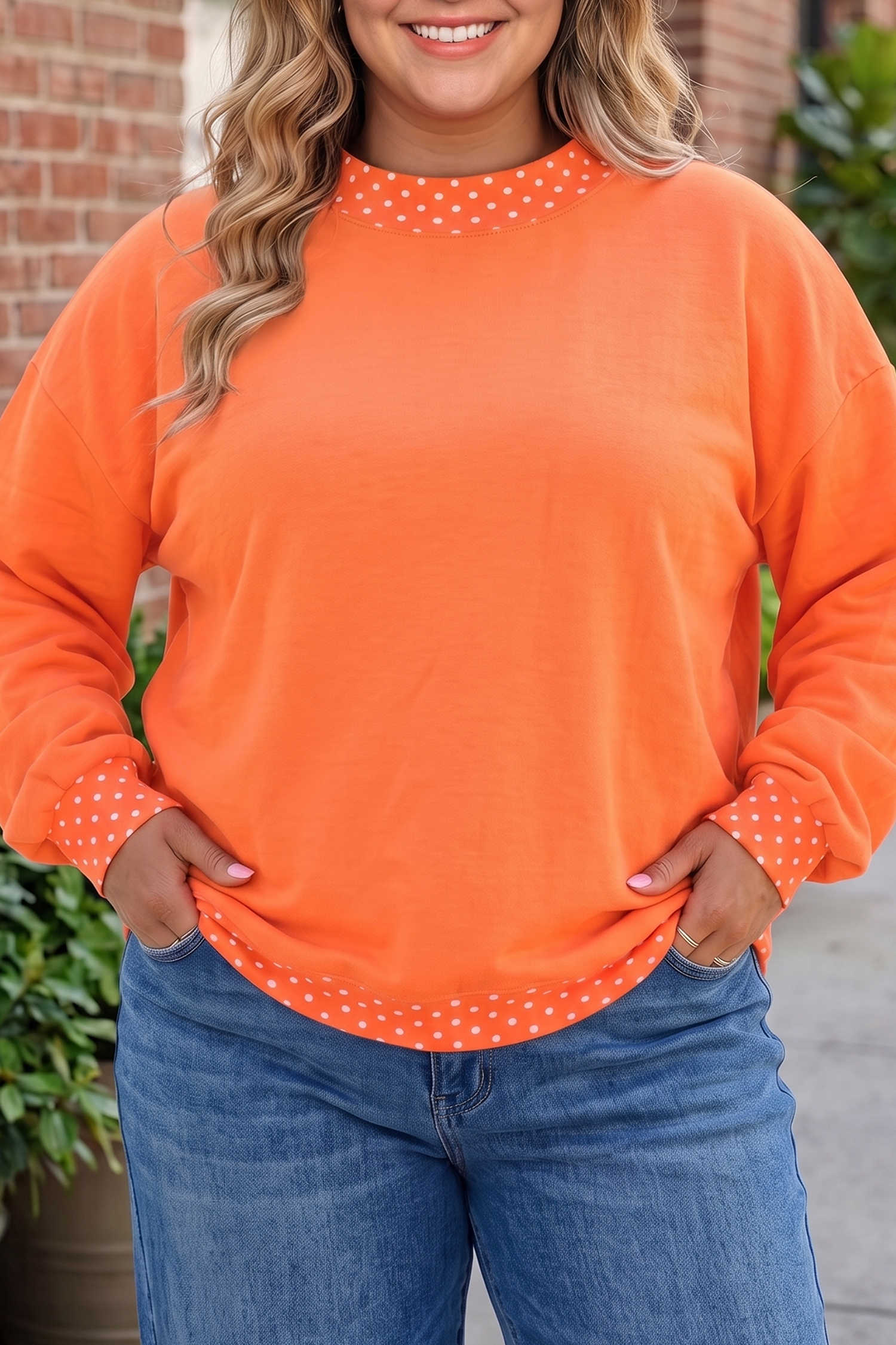 Orange Polka Dot Patchwork Round Neck Plus Size Sweatshirt
