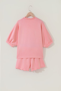 Gossamer Pink Scalloped V Neck Dolman Oversize Top Drawstring Short Set