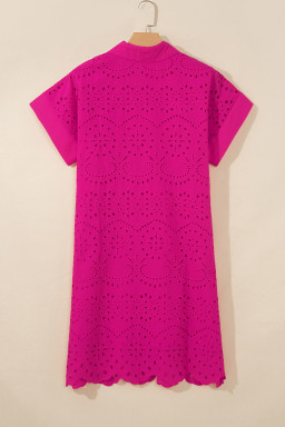 Rose Red Solid Color Eyelet Embroidered T Shirt Mini Dress
