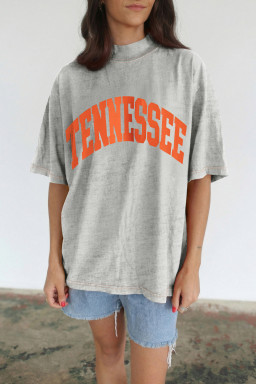 Light Grey Casual High Neck Slogan Tee Short Sleeve Loose Fit Summer T-Shirt