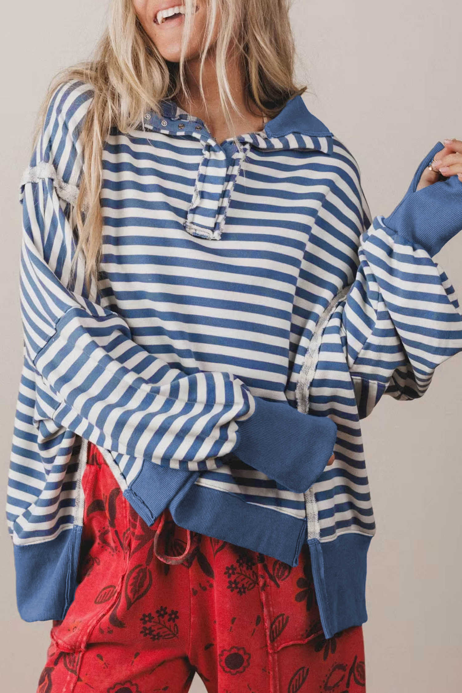 Blue Stripe Color Block Trim Raw Seam Split Hem Thumbhole Sleeve Loose Sweatshirt