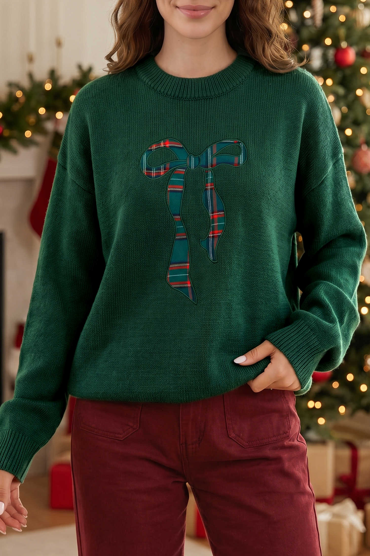 Blackish Green Plaid Bow Detail Drop Shoulder Long Sleeve Sweater