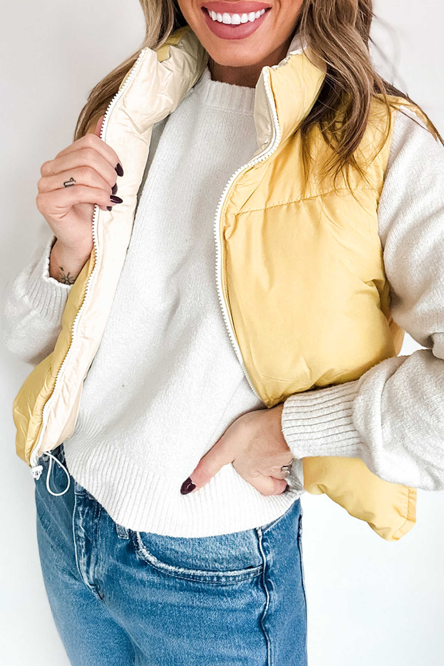 Parchment Stand Neck Quilted Sleeveless Zipper Pocket Vest