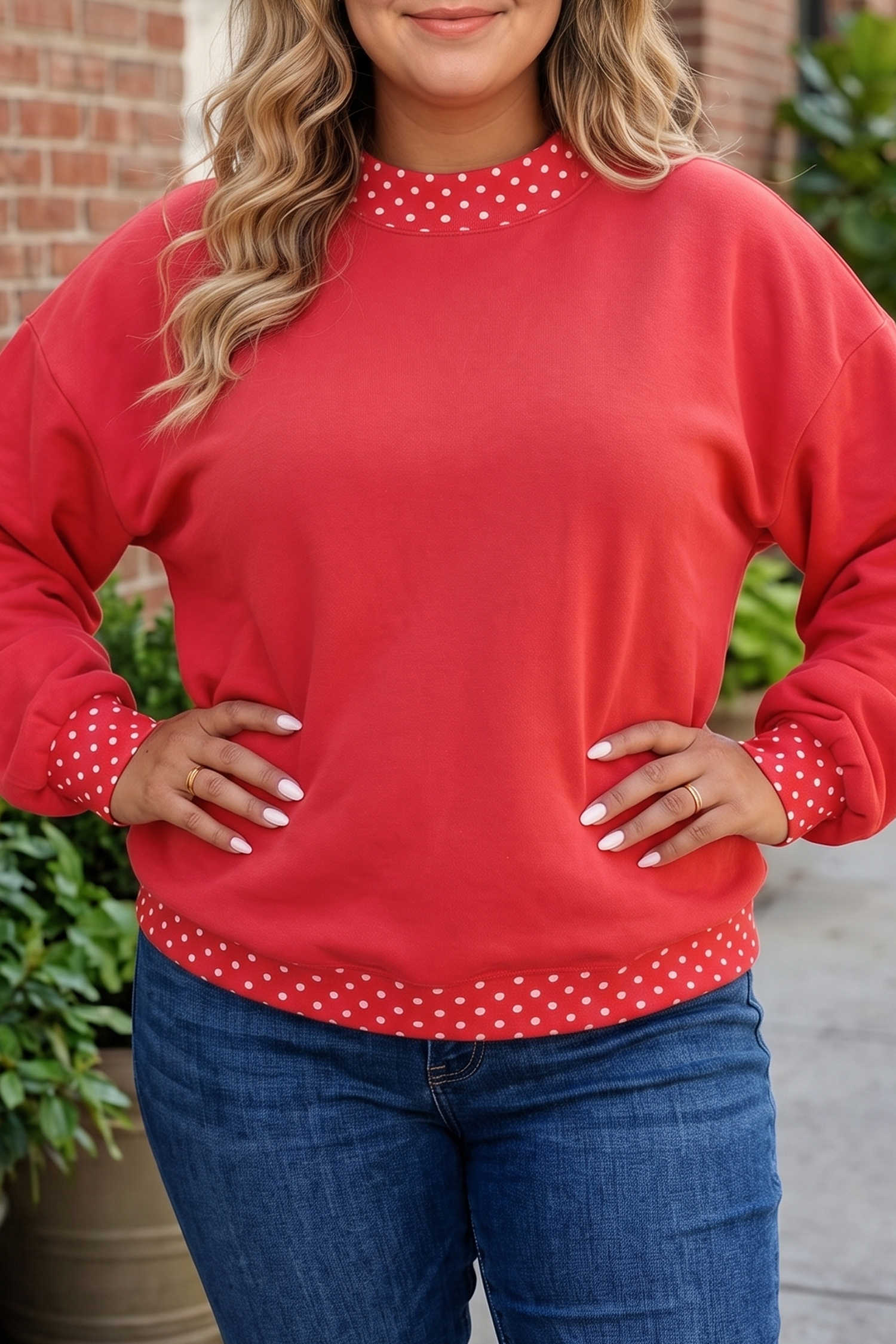 Red Polka Dot Patchwork Round Neck Plus Size Sweatshirt