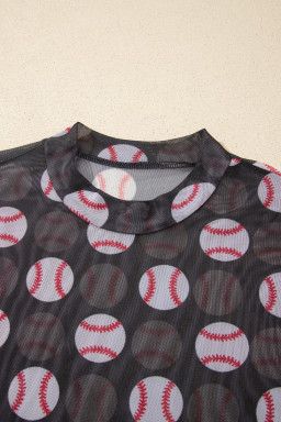 Black Baseball Game Day Sheer Mesh Long Sleeve Top