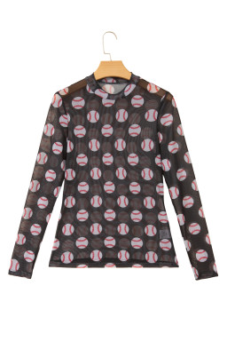 Black Baseball Game Day Sheer Mesh Long Sleeve Top
