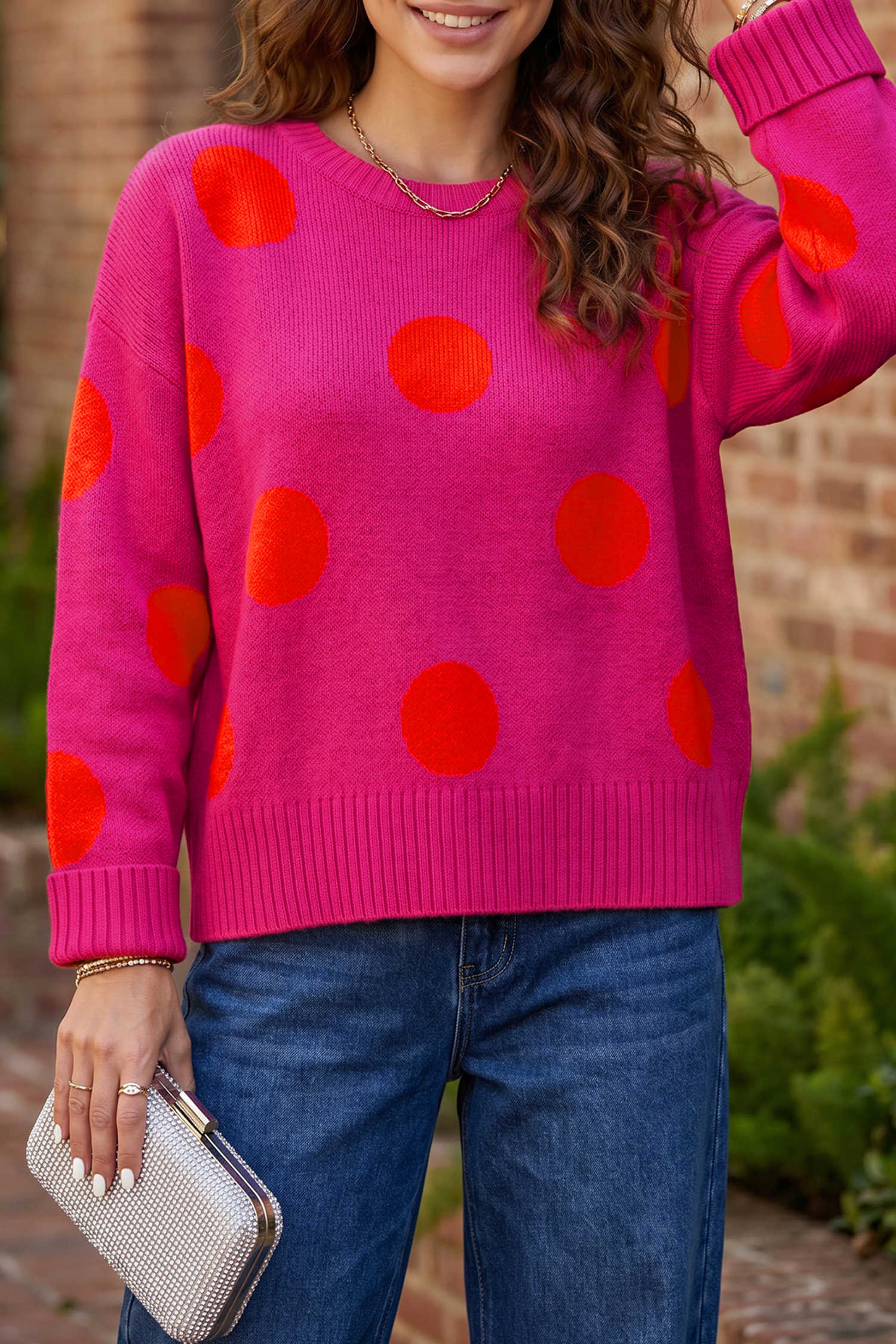 Strawberry Pink Playful Cozy Polka Dot Sweater