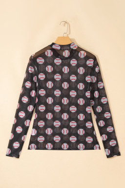 Black Baseball Game Day Sheer Mesh Long Sleeve Top
