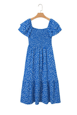 Blue Ditsy Floral Print Smocked Square Neck Ruffle Short Sleeve Dress