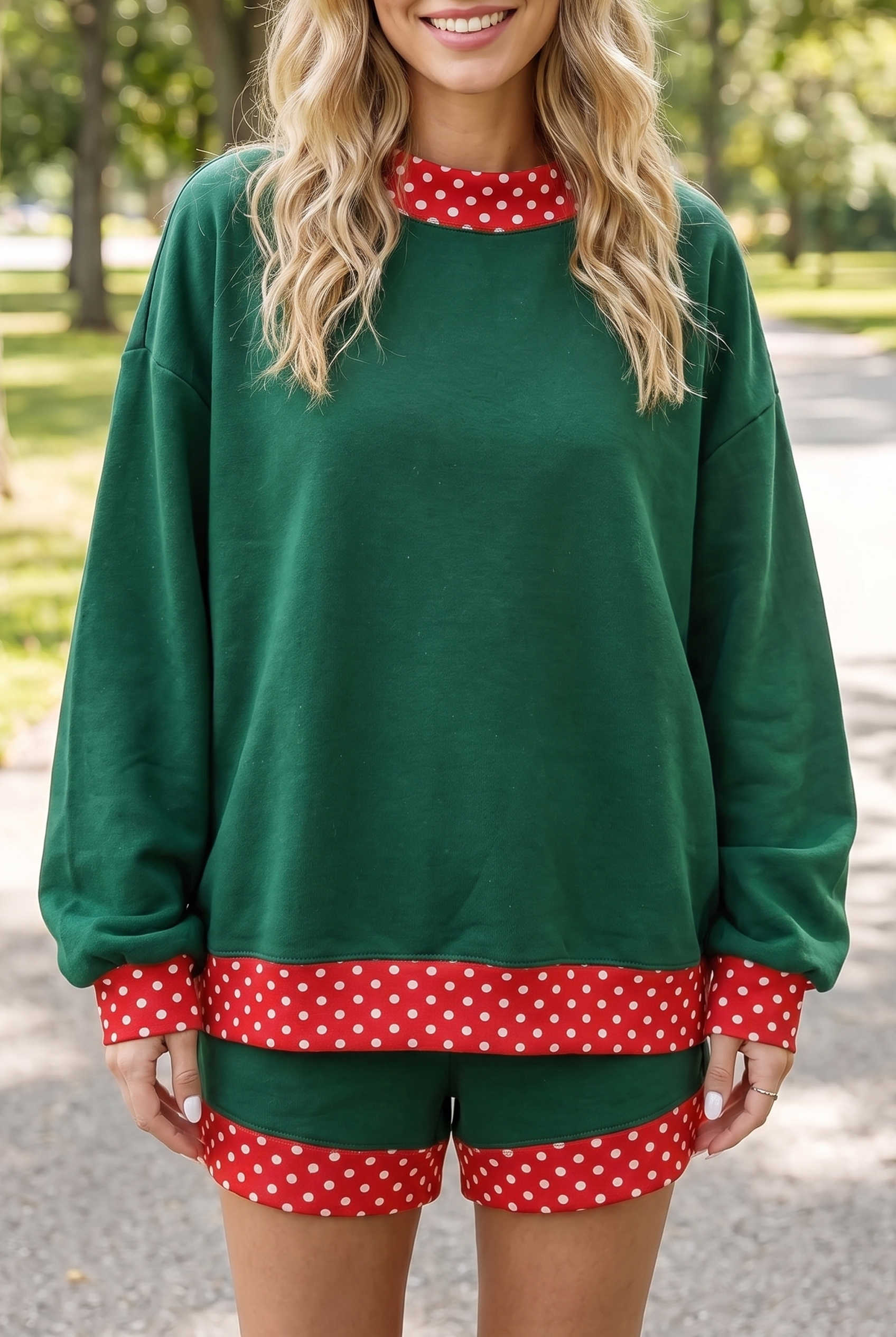 Evergreen Polka Dot Trim Baggy Pullover 2pcs Short Set