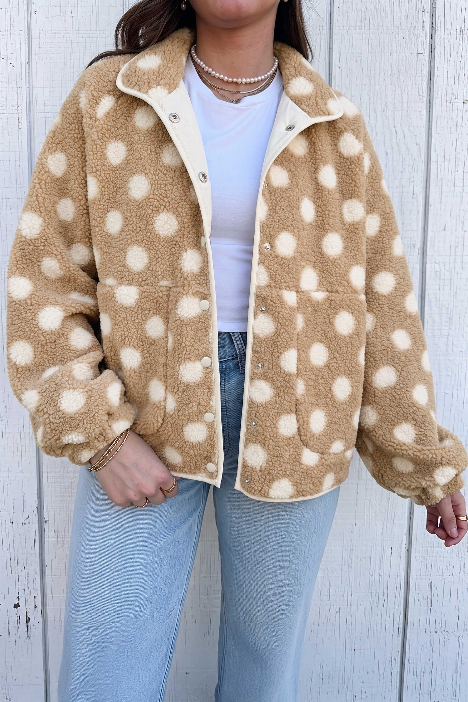 Khaki Polka Dot Faux Fur Metal Button Placket Shift Silhouette Jacket