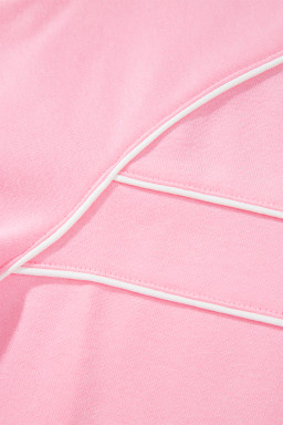 Pink Piping Trim Long Sporty Pullover Drawstring Elastic Waist Shorts Set