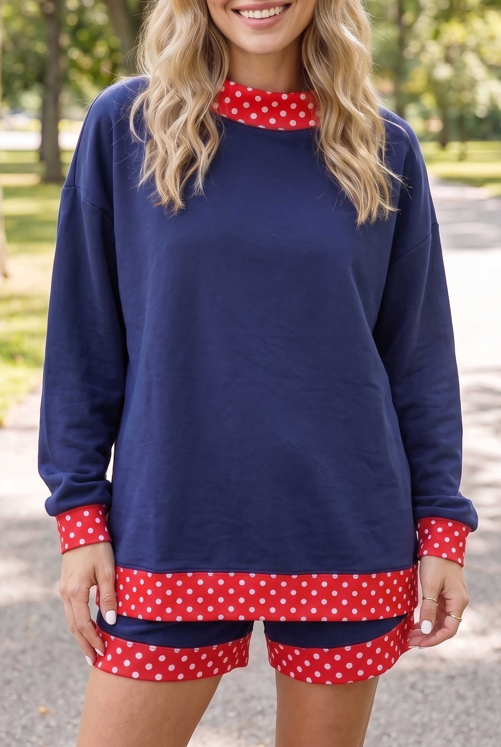 Navy Blue Polka Dot Trim Baggy Pullover 2pcs Short Set