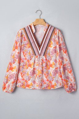 Pink Floral Print V Neck Long Sleeve Shift Blouse