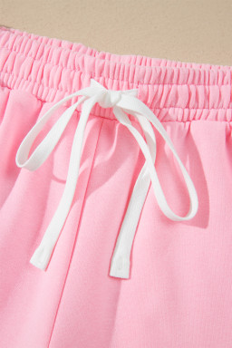 Pink Piping Trim Long Sporty Pullover Drawstring Elastic Waist Shorts Set