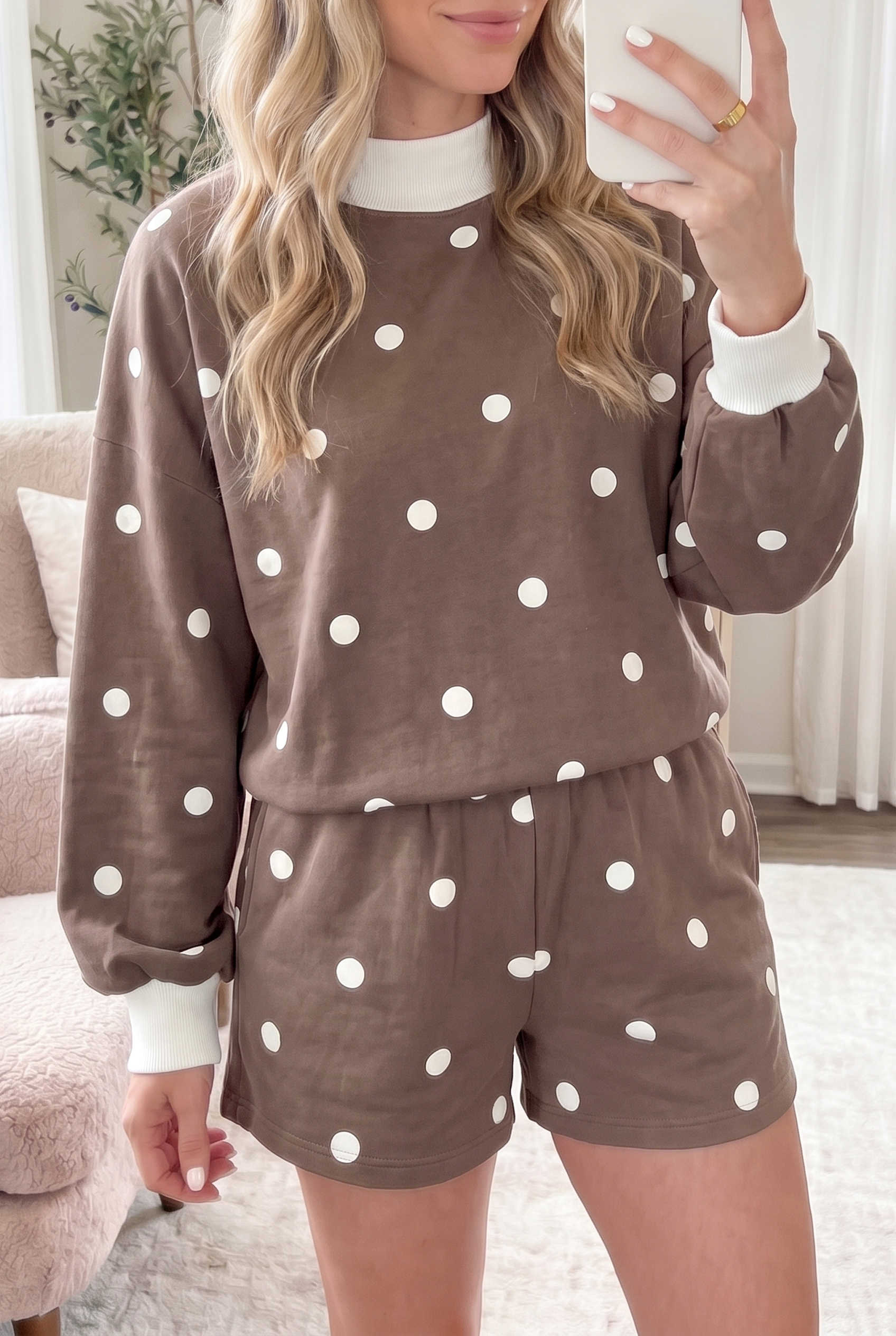Brown Polka Dot Ribbed Trim Long Sleeve Top Casual Short Set