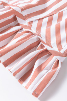 Khaki Stripe Collar Button Front Bracelet Sleeve Ruffle Hem Shirt