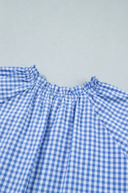 Sky Blue Summer Plaid V Neck Puff Sleeve Blouse