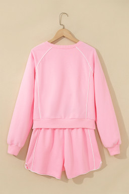 Pink Piping Trim Long Sporty Pullover Drawstring Elastic Waist Shorts Set