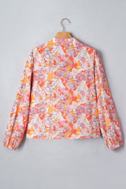 Pink Floral Print V Neck Long Sleeve Shift Blouse