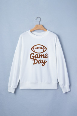 White Embroidered Slogan Game Day Rugby Pattern Crewneck Sweatshirt
