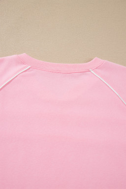Pink Piping Trim Long Sporty Pullover Drawstring Elastic Waist Shorts Set