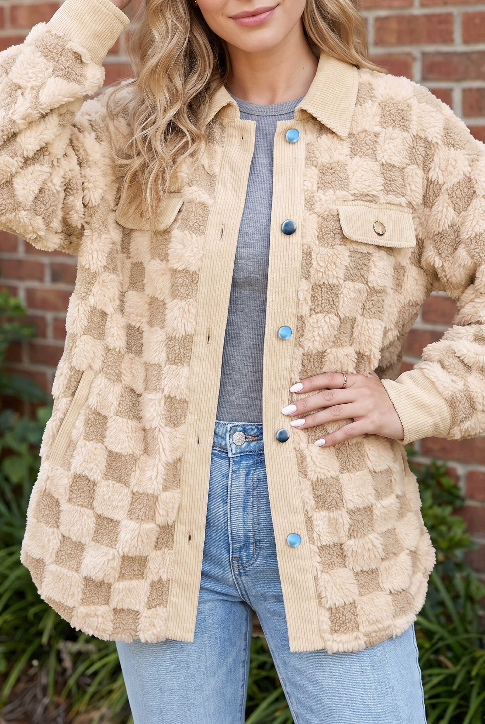Khaki Plush Checkered Corduroy Trim Metal Button Long Sleeve Shift Silhouette Shacket
