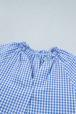 Sky Blue Summer Plaid V Neck Puff Sleeve Blouse