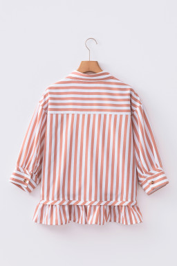 Khaki Stripe Collar Button Front Bracelet Sleeve Ruffle Hem Shirt