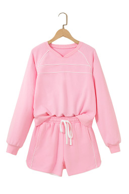Pink Piping Trim Long Sporty Pullover Drawstring Elastic Waist Shorts Set