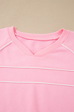 Pink Piping Trim Long Sporty Pullover Drawstring Elastic Waist Shorts Set