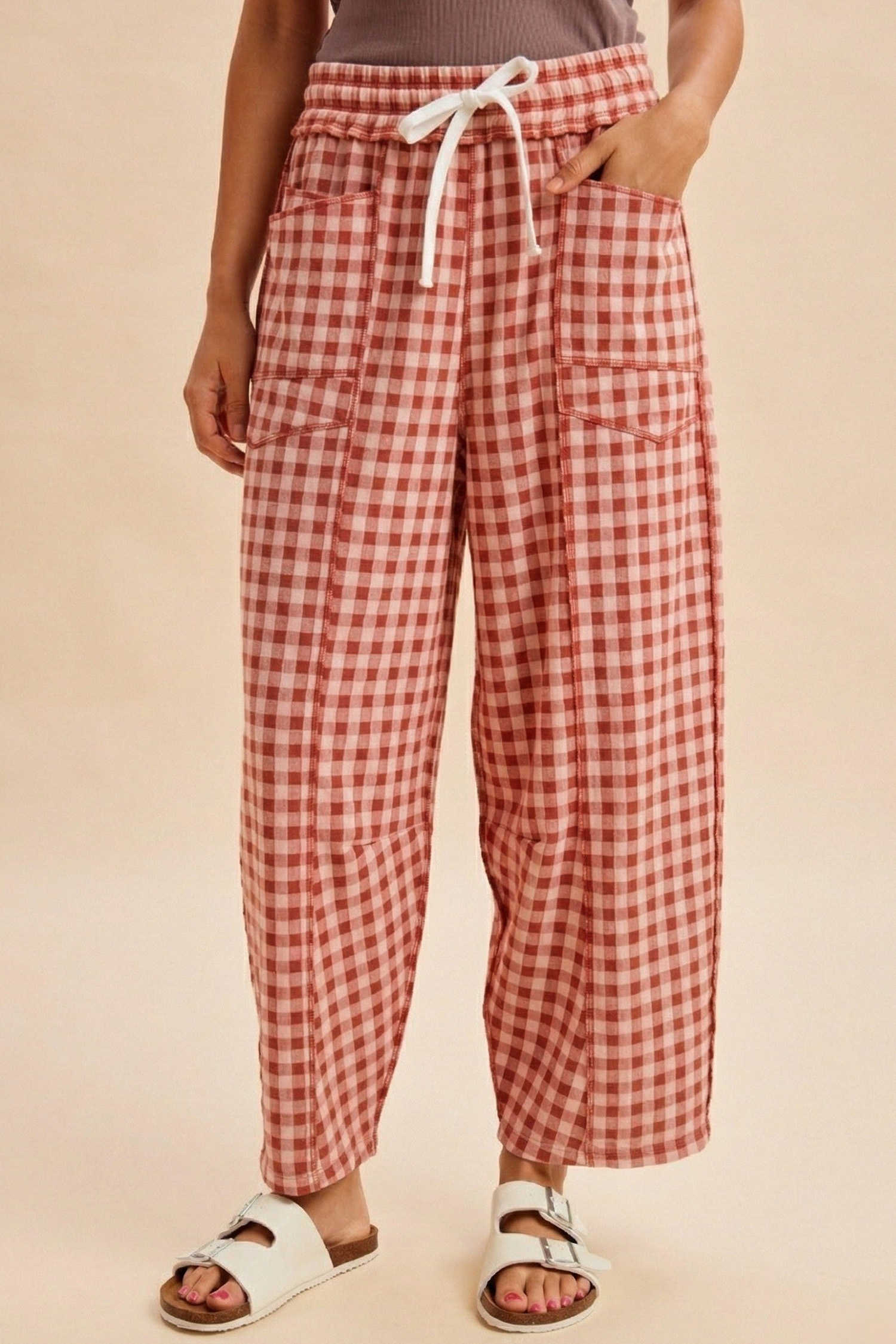 Red Plaid Contrast Trim Drawstring Elastic Waist Shift Pants