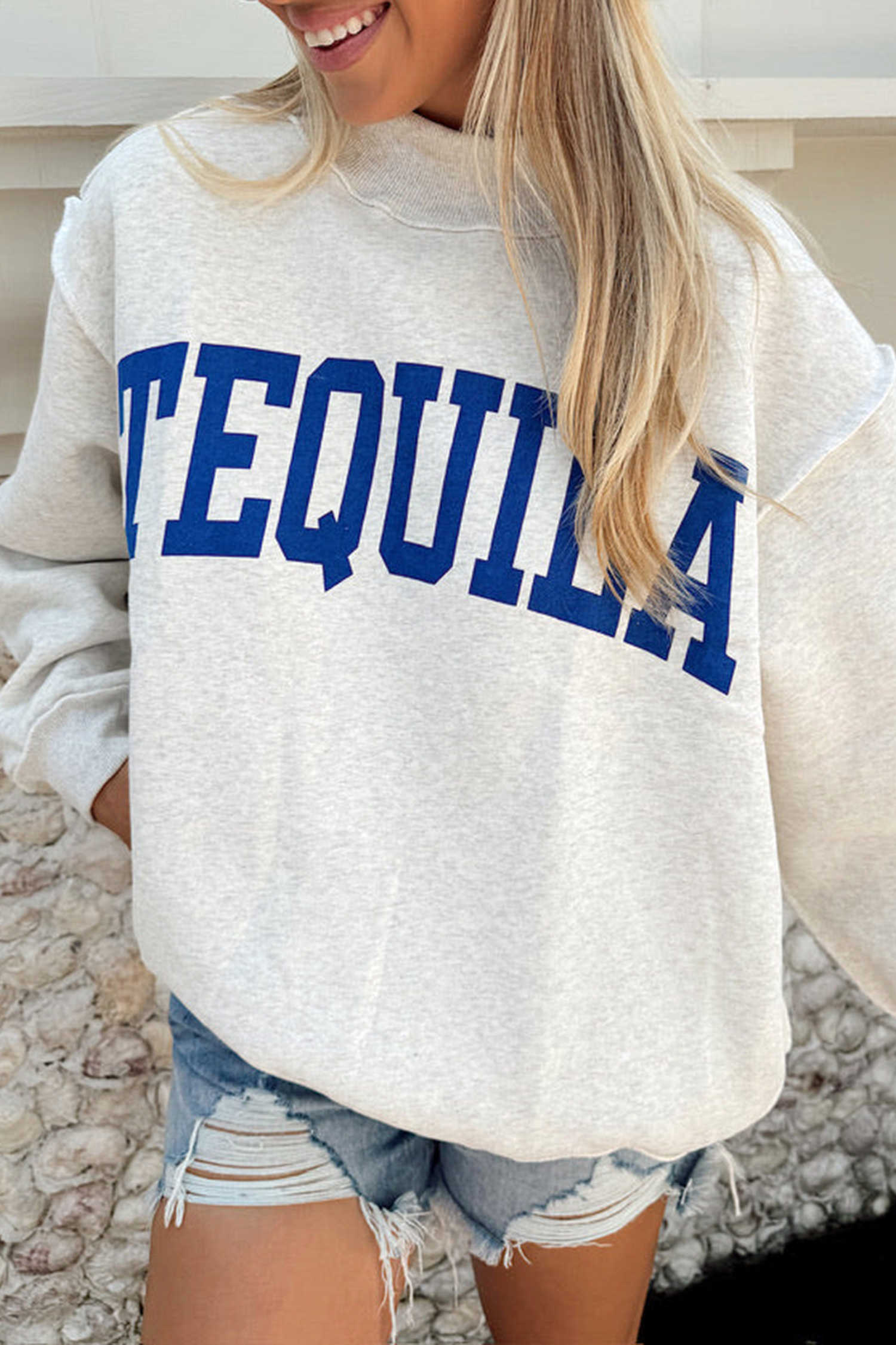 Light Grey TEQUILA Slogan Letter Print Mock Neck Oversized Sweatshirt