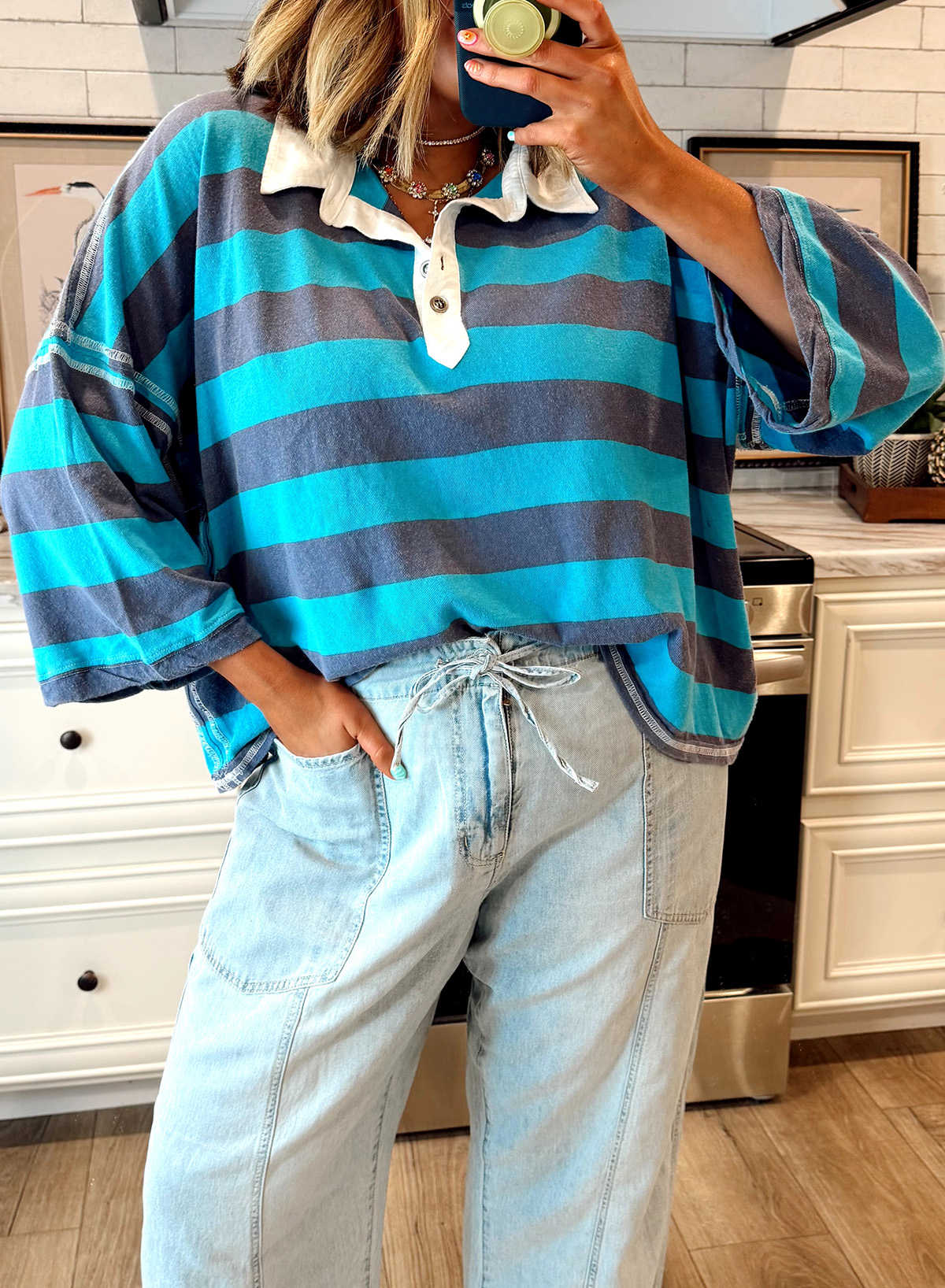 Blue Stripe Contrast Polo Collar Bracelet Sleeve Loose Top