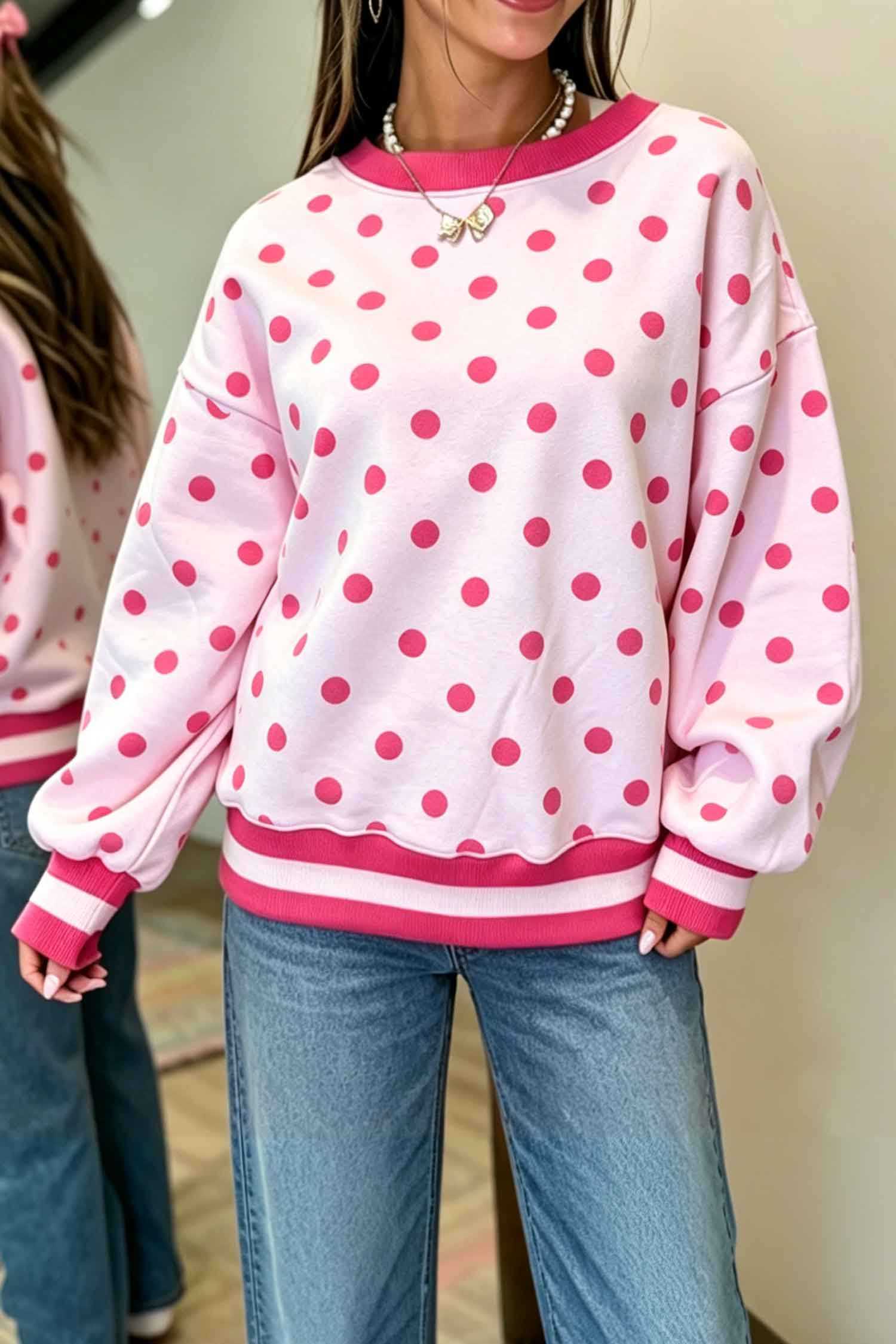 Pink Polka Dot Colorblock Round Neck Pullover Sweatshirt