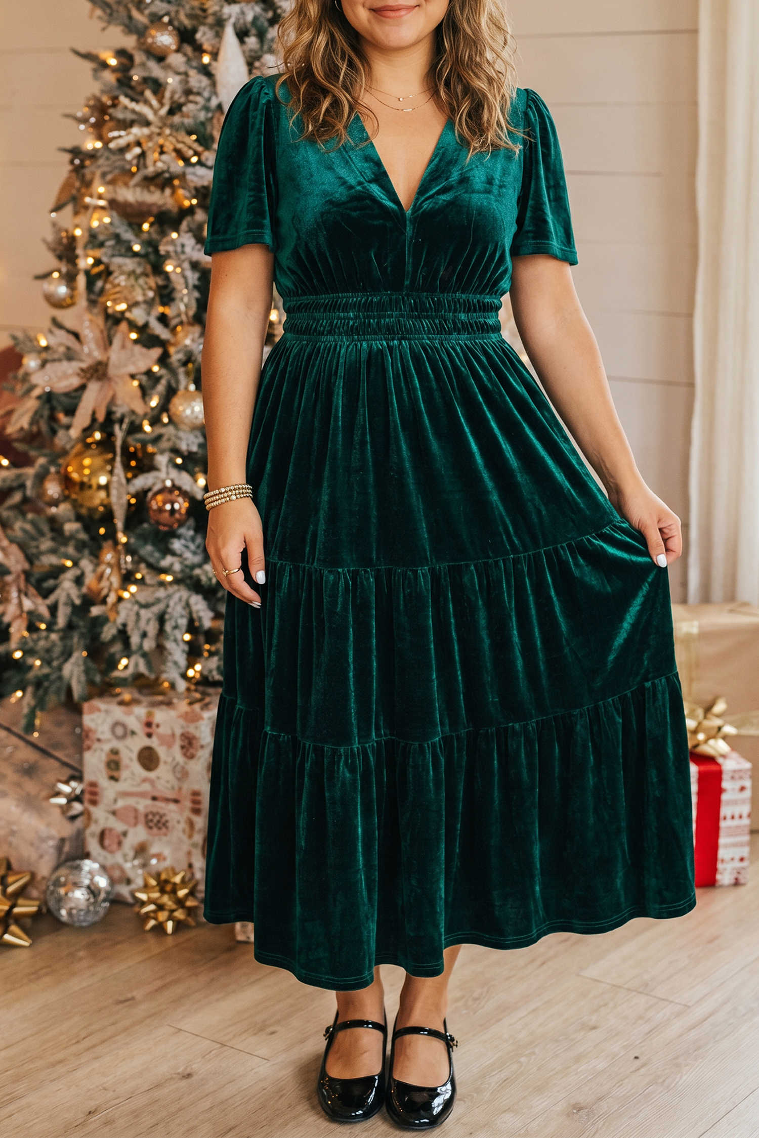 Blackish Green Velvet Short Sleeve Shirred Waist Tiered Plus Size Maxi Dress