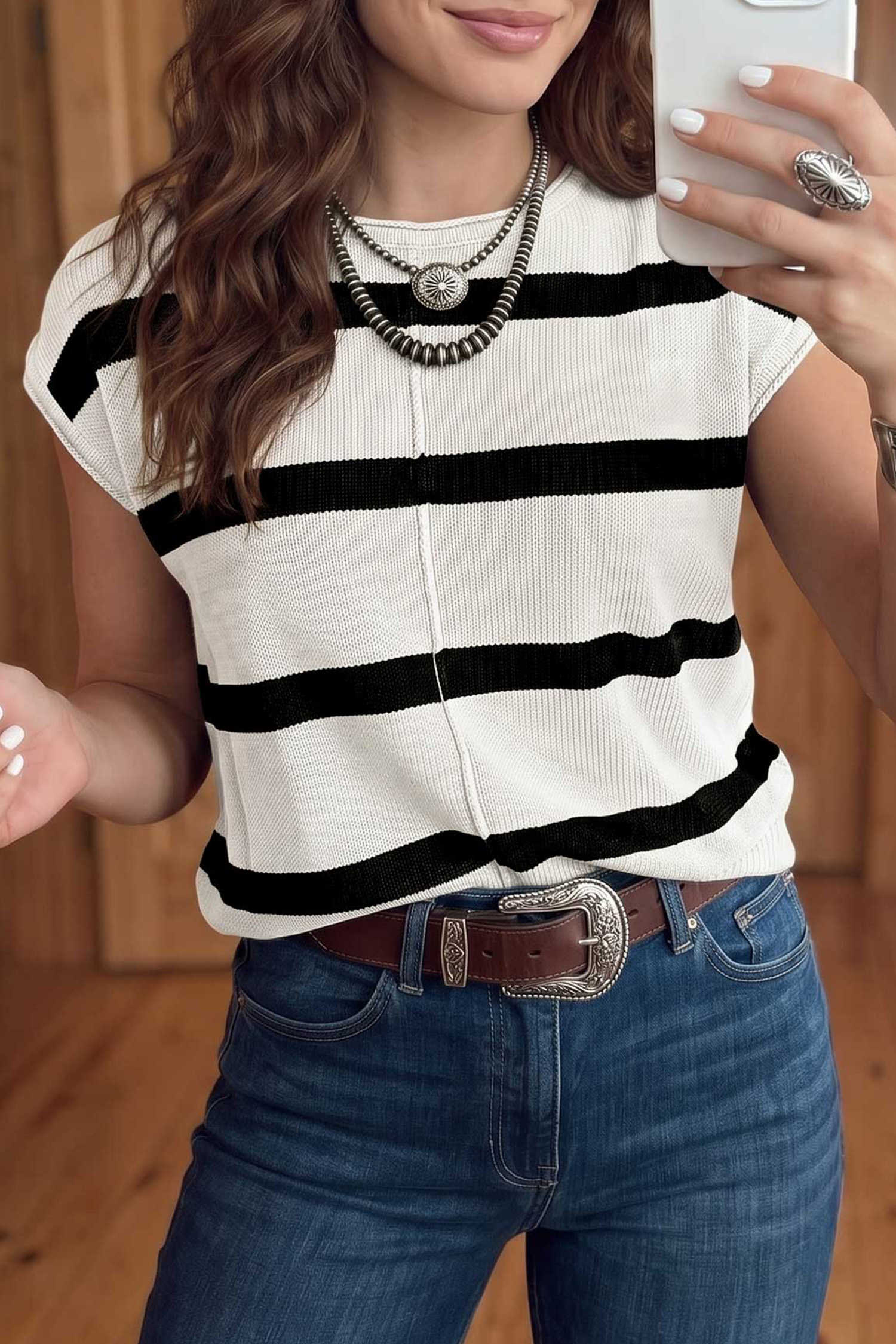 White Stripe Knit Western Short Sleeve Sweater