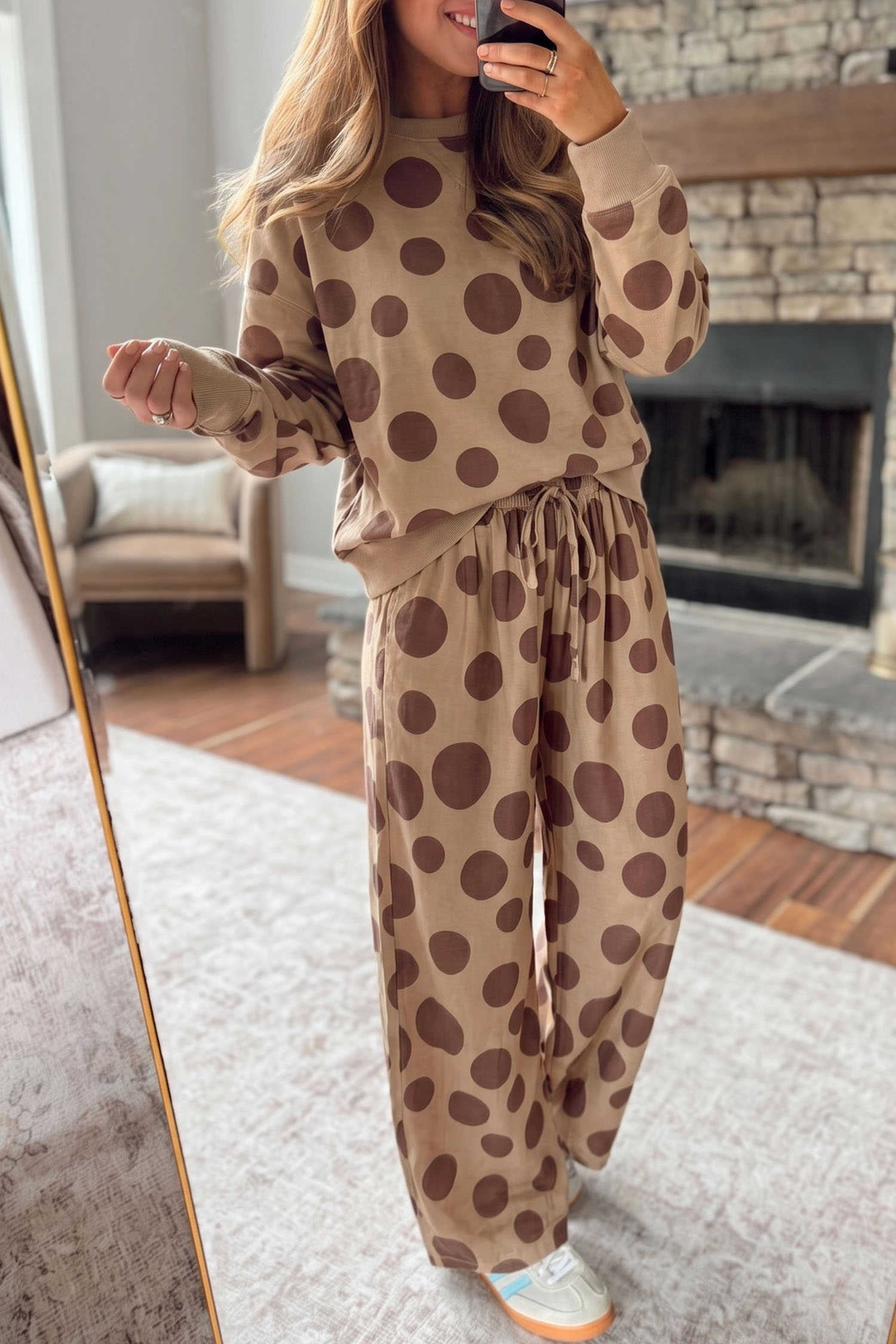 Khaki Polka Dot Long Sleeve Top Drawstring Relaxed Pants Set
