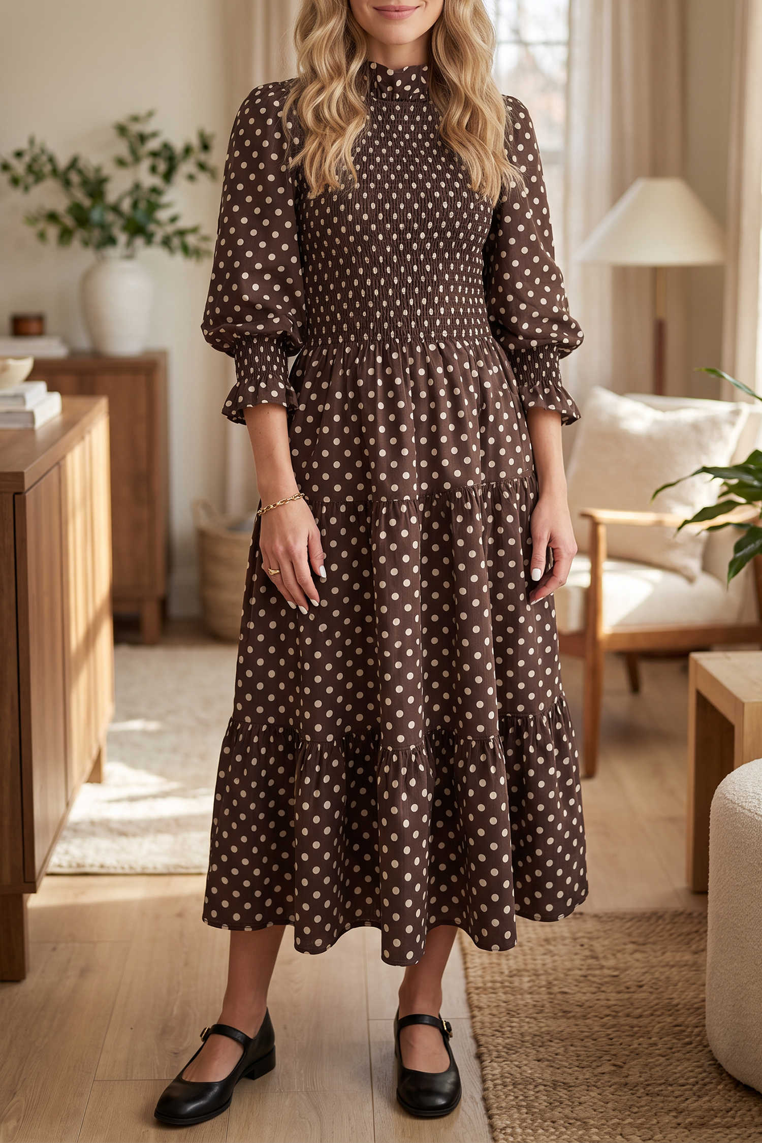 Brown Polka Dot Print Ruffled High Neck 3/4 Sleeve Tiered Dress