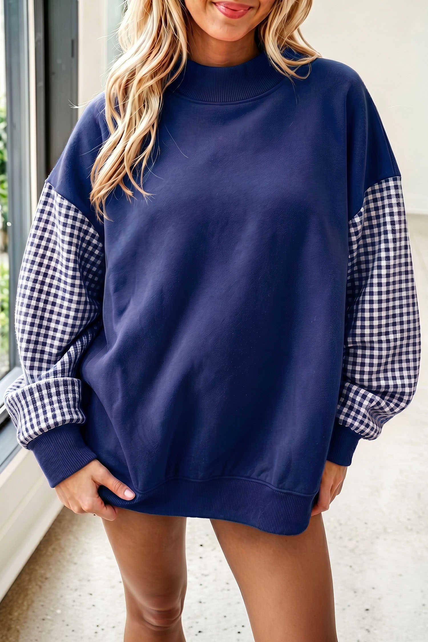 Dirty blue Plaid Sleeve Colorblock Loose Tunic Sweatshirt