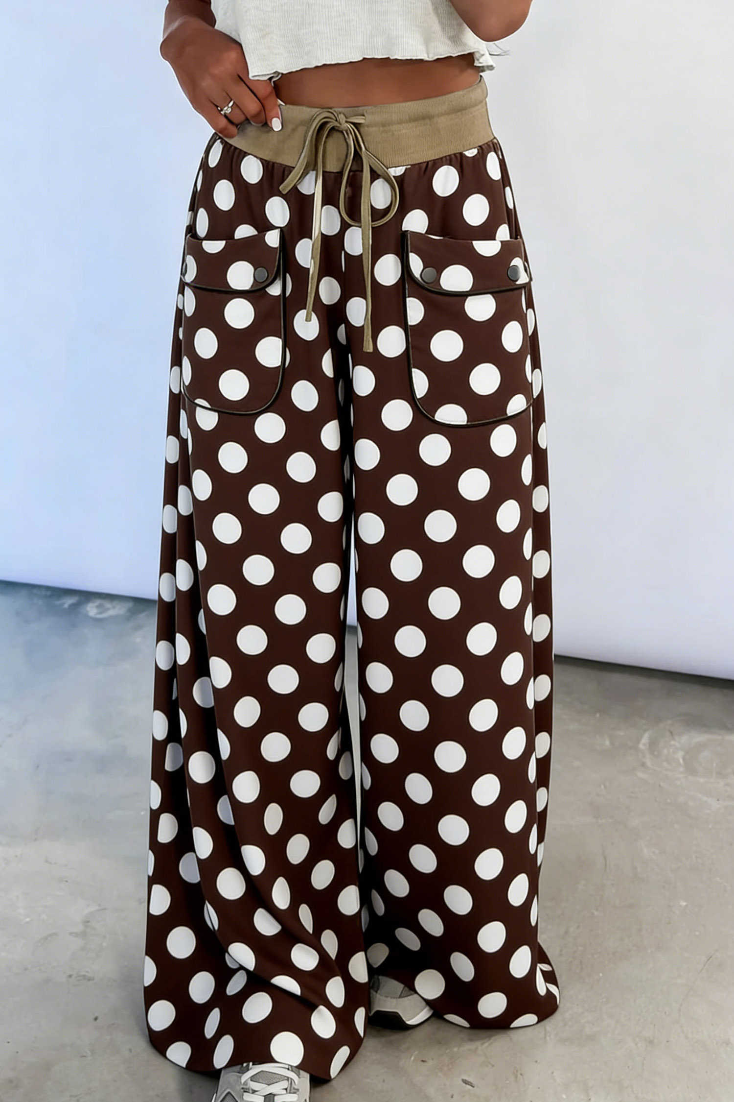 Brown Polka Dot Drawstring Pocket Wide Leg Pant