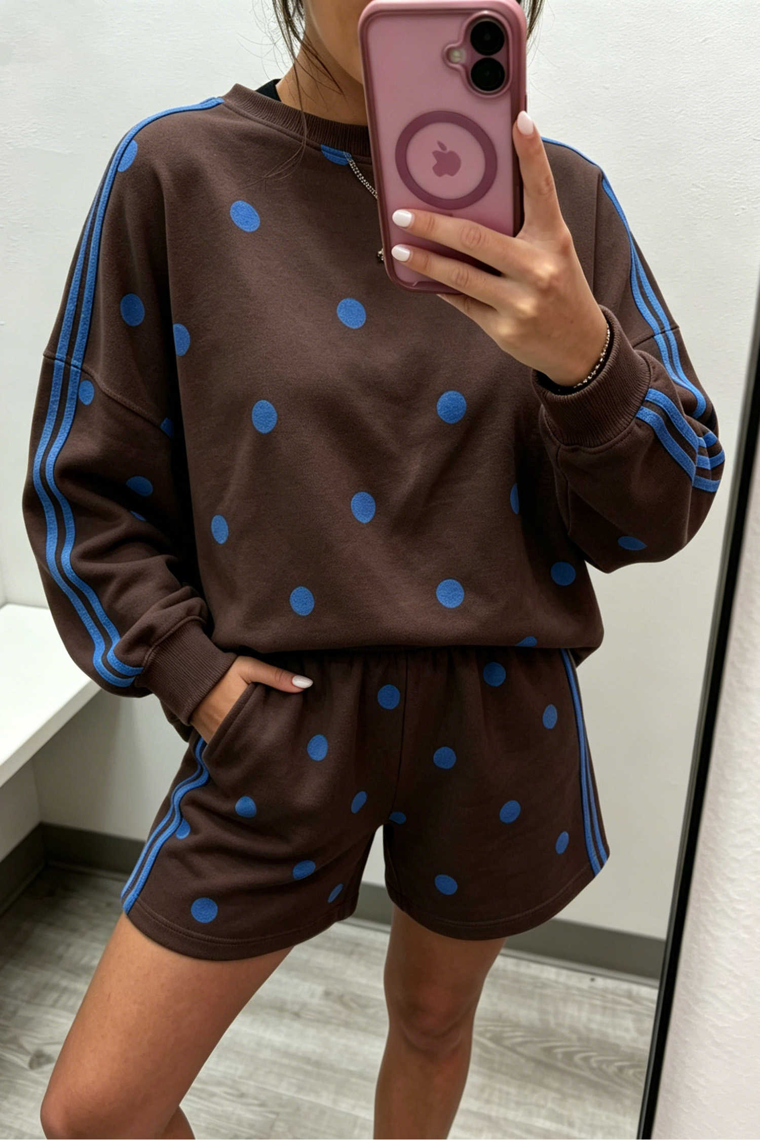 Brown Polka Dot Print Varsity Striped Detail Long Sleeve Top Short Set