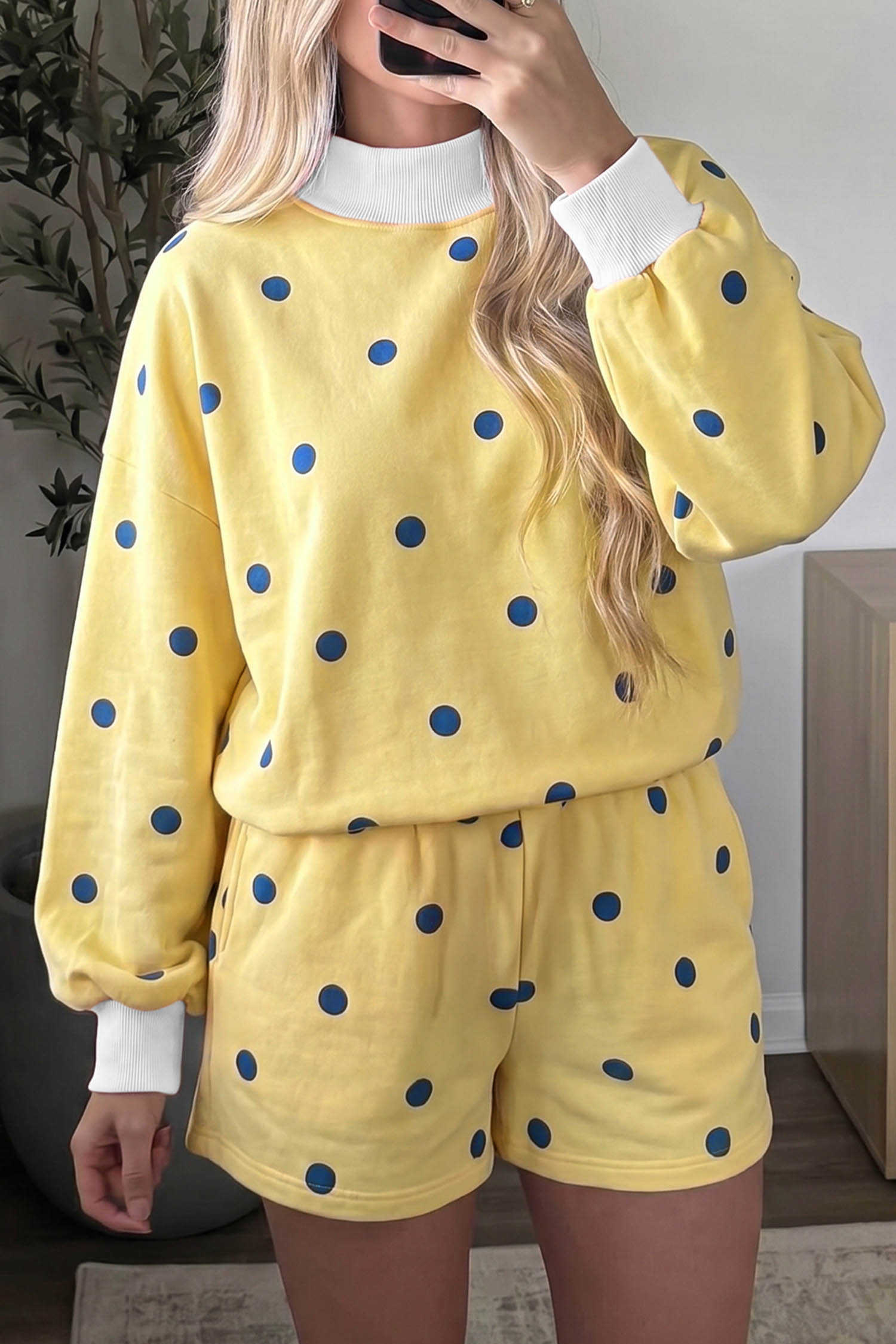 Yellow Polka Dot Ribbed Trim Long Sleeve Top Casual Short Set