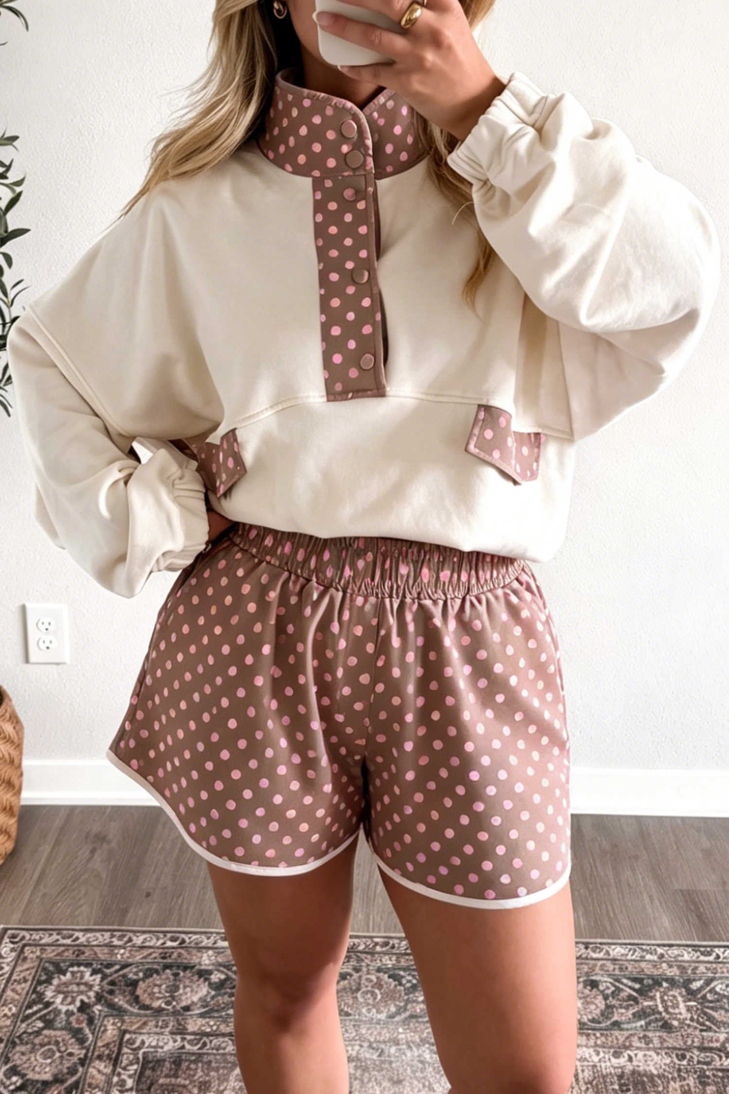 Brown Polka Dot Contrast Baggy Pullover and Elastic Waist Shorts 2pcs Set