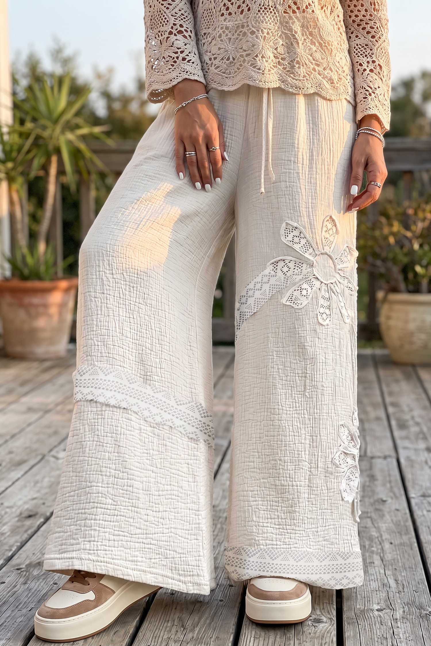 White Floral Lace Patchwork Boho Wide Leg Casual Pants